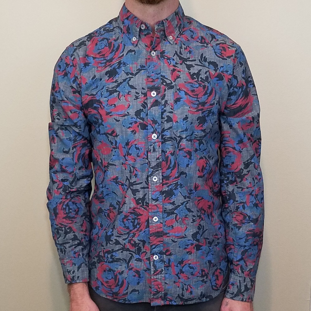 Gap Floral Denim Long Sleeve Button Shirt, Medium